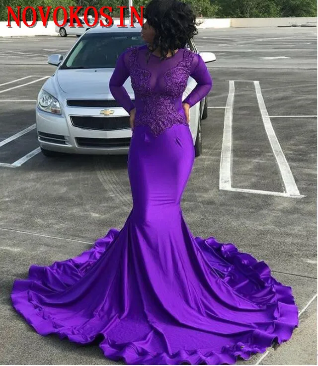 

2019 Sexy Purple Mermaid Prom Dresses New Long Sleeve Sweep Strain Lace Applique Scoop Neck Formal Evening Dress Party Gowns