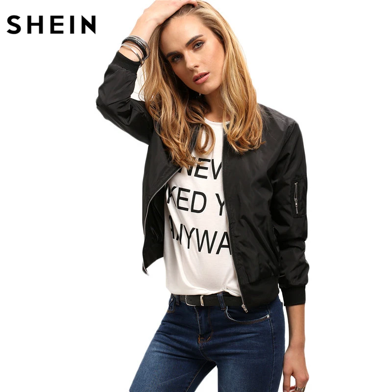 Image SheIn Womens Autumn Style Outerwear Tops New Arrival Ladies Fashion Stand Collar Long Sleeve Zipper Crop Jacket