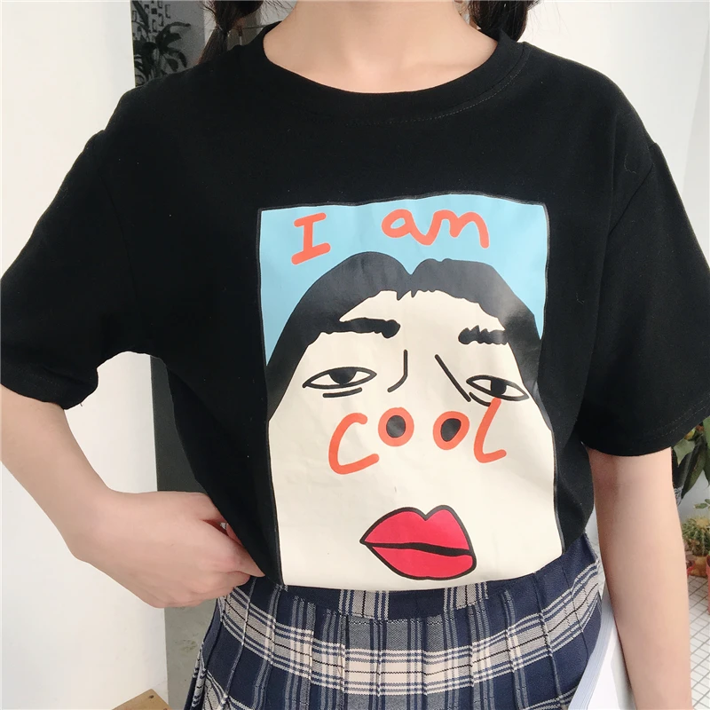 Корейская одежда ulzzang летние свободные Забавные футболки с принтом Женская Harajuku