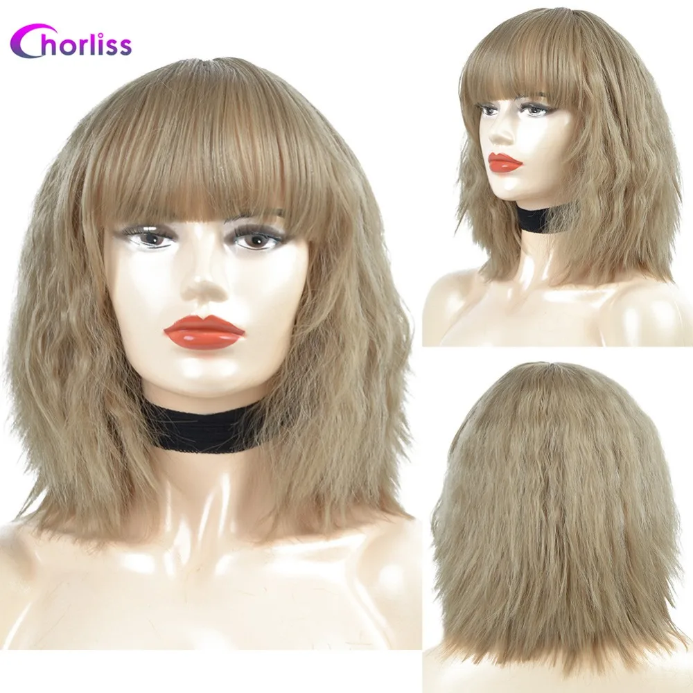 Chorliss Synthetic Wig Full Wigs Bangs Water Wave Short Women Wig Pink Blonde Gold Grey  (1)