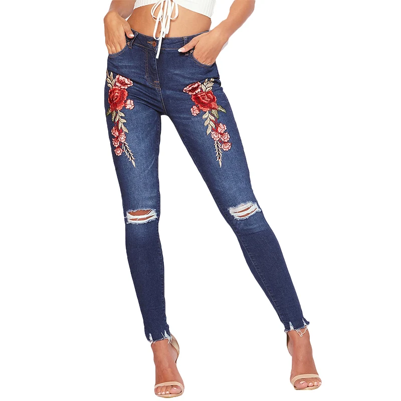 

Appliques Rose High Waist Jeans Flower Embroidery Denim Pants Slim Holes Ripped Ripped Jeans For Women Pencil Pants