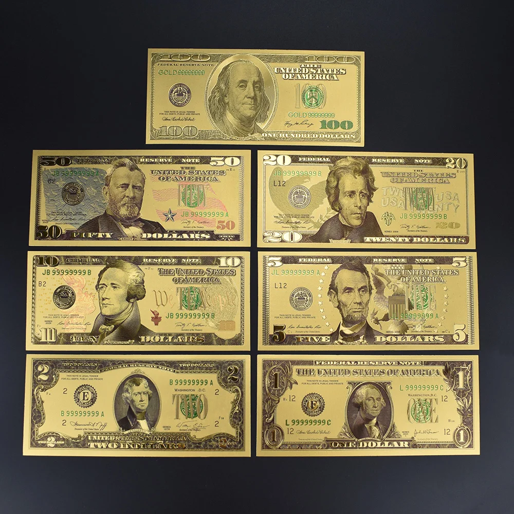 Золотая фольга доллар банкнота 7 шт. Золото Серебро красочные поддельные деньги с 100 доллар конверт упаковка для коллекции подарок