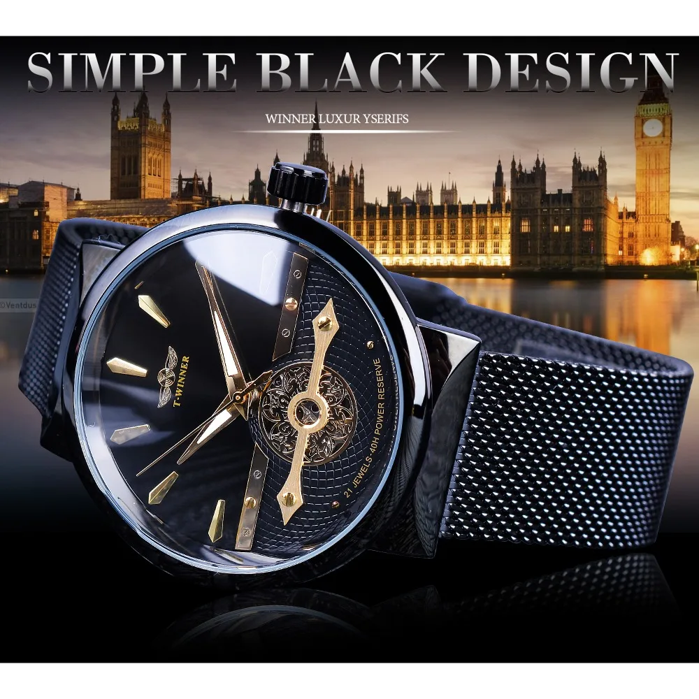 Winner модные черные золотые сетчатые водонепроницаемые светящиеся руки механические наручные часы лучший бренд Роскошные деловые часы