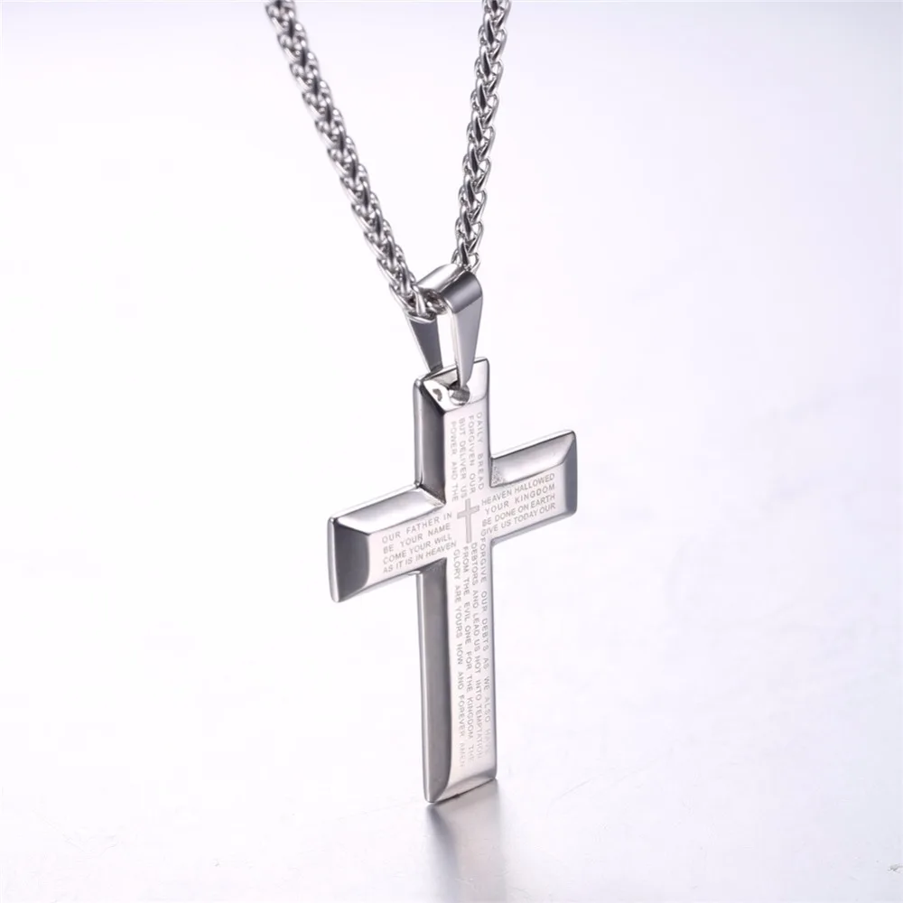 U7 Stainless Steel Cross Necklace for Men Lord's Prayer Black Gold Color 20 inch Link Chain Unisex Bible Pendant Neklace