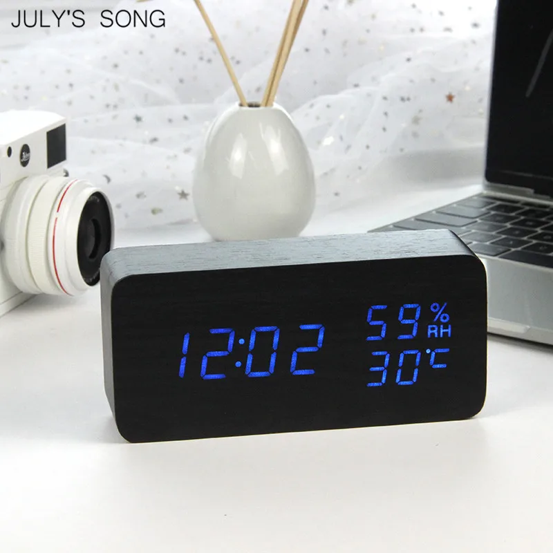 JULY'S SONG Wooden LED Alarm Clock Despertador Temperature Humidity
Electronic Desktop Clock Digital Table Clocks Night Light