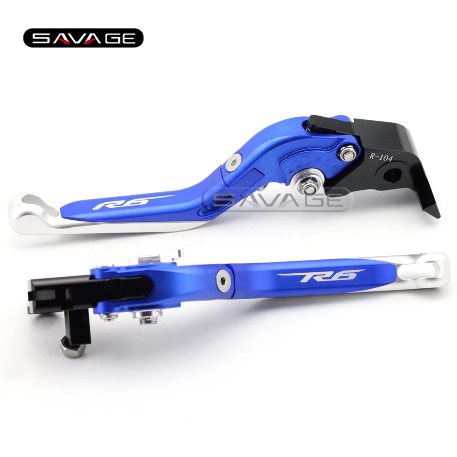 

For YAMAHA YZFR6 YZF-R6 2005-2016 Blue+Silver Motorcycle Adjustable Folding Extendable Brake Clutch Lever logo R6