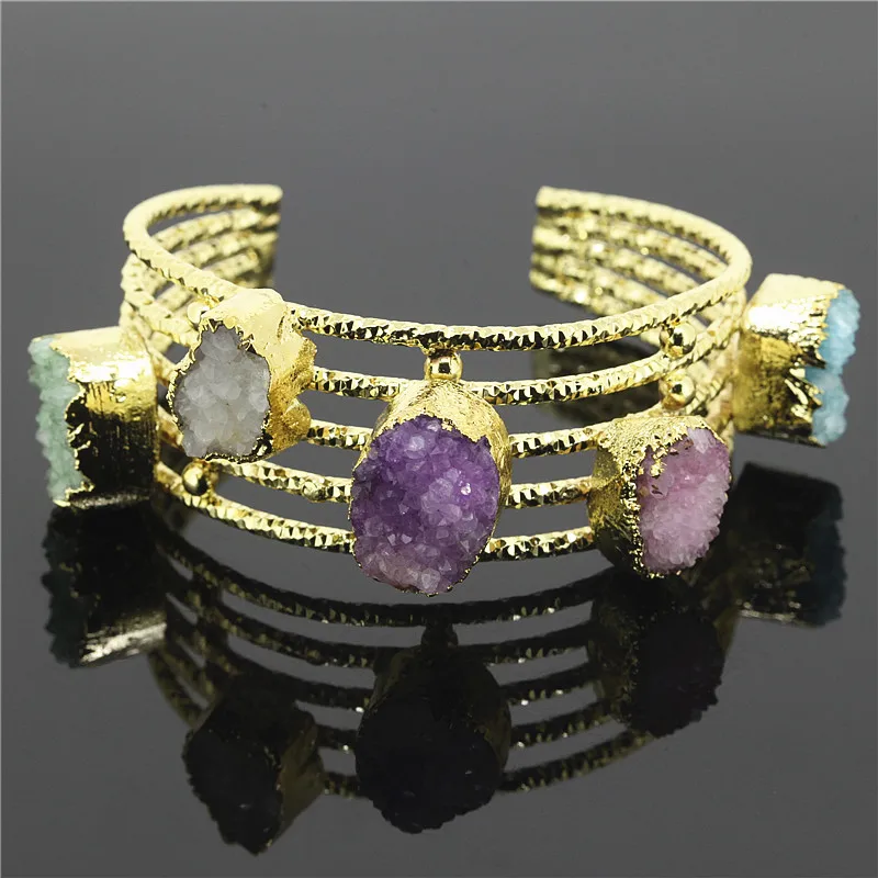 Fashion Stone Cuff Bangles Colorful Quartz Druzy Stone Opening Cuff