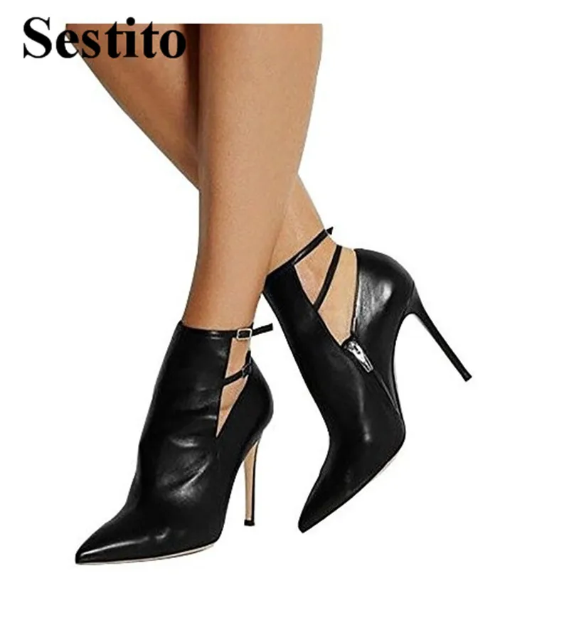 

Sexy Black Pointed Toe Buckle Strap Ankle Boots For Women Super High Thin Heels Side Zipper Short Boots Shoes Spring/ Autumn