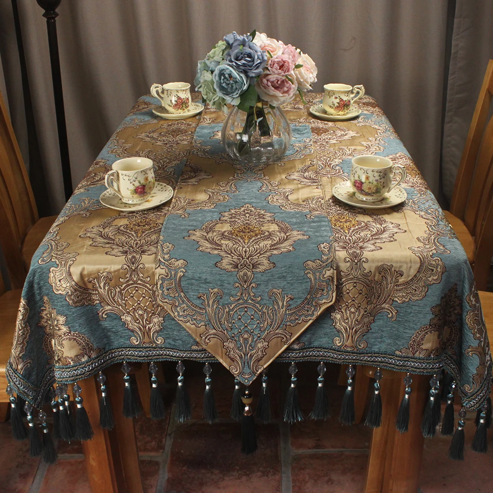  CURCYA European Blue Chenille Jacquard Luxury Table Cloth Formal Dining Table Covers Home Decorativ