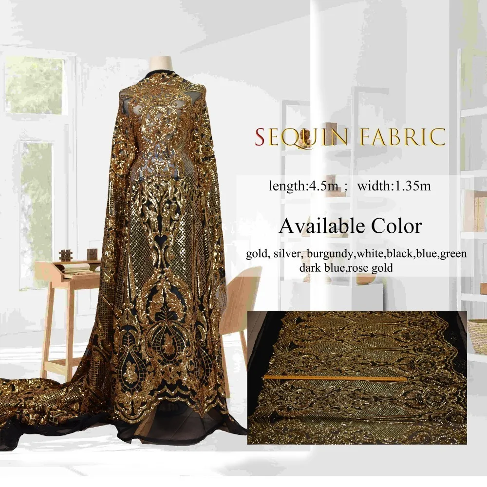 

Gold Paillettes Fabric For Evening Dress African Net Sequins Laces high quality Nigerian Sequin Fabric Fast Free Shipping 5yard