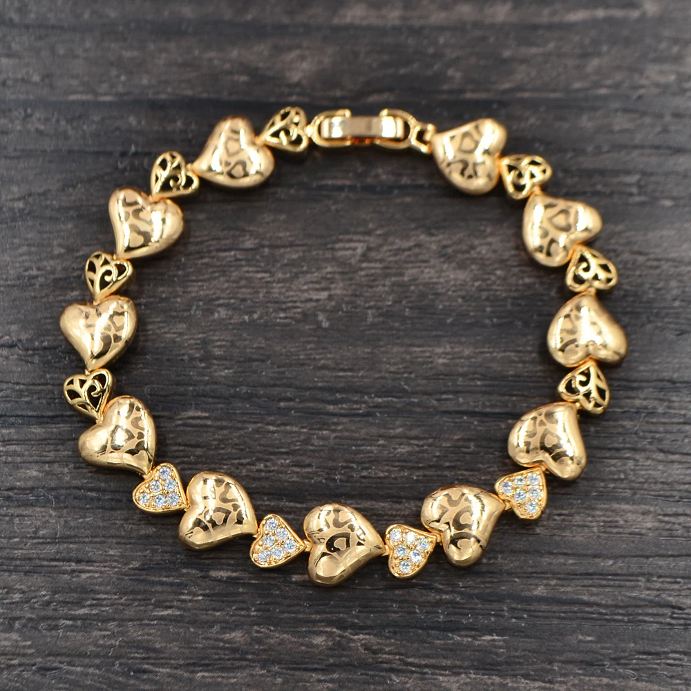 Модные женские золотые цветные прозрачные кубические циркония CZ лазерные штампованные сердечки звенья браслет