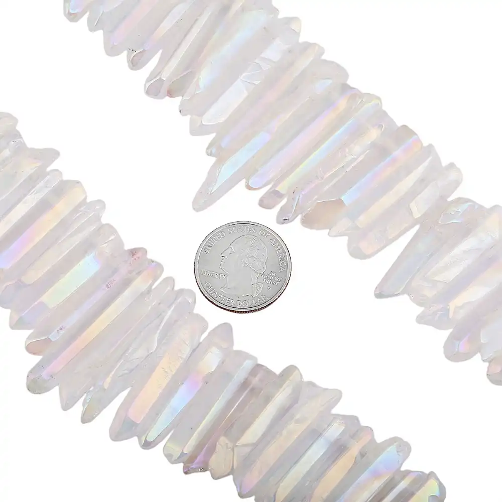 SUNYIK Angel Aura Quartz Titanium Coated Crystal Points Quartz Rough Sticks Spikes Point Beads 15 inch Strand Drilled