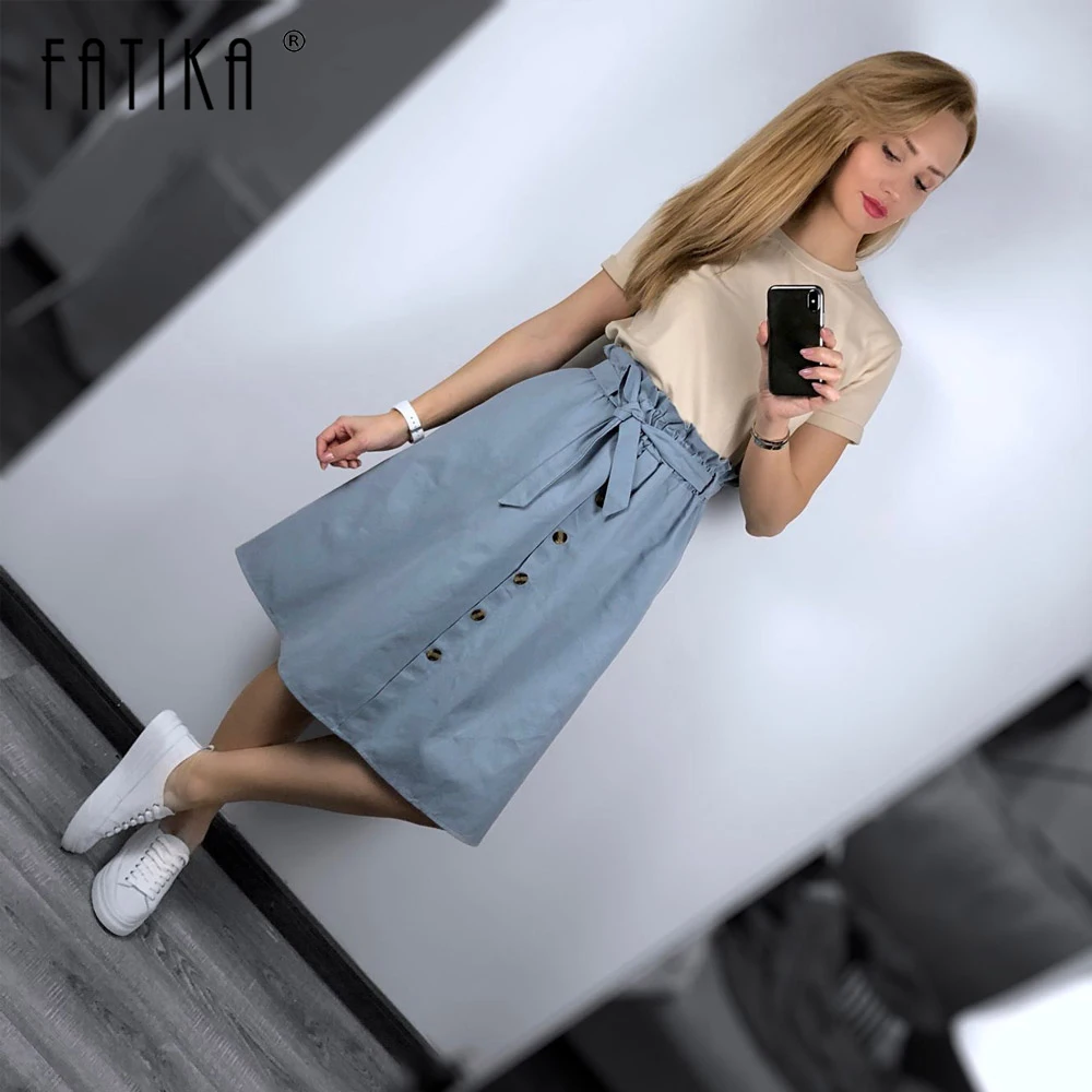 Preise FATIKA Hohe Taille Midi Röcke Solide Taschen A linie Beiläufige Damen Böden Trendy Weibliche Röcke Mit Schärpen 2019 Heißer Neue Für frauen