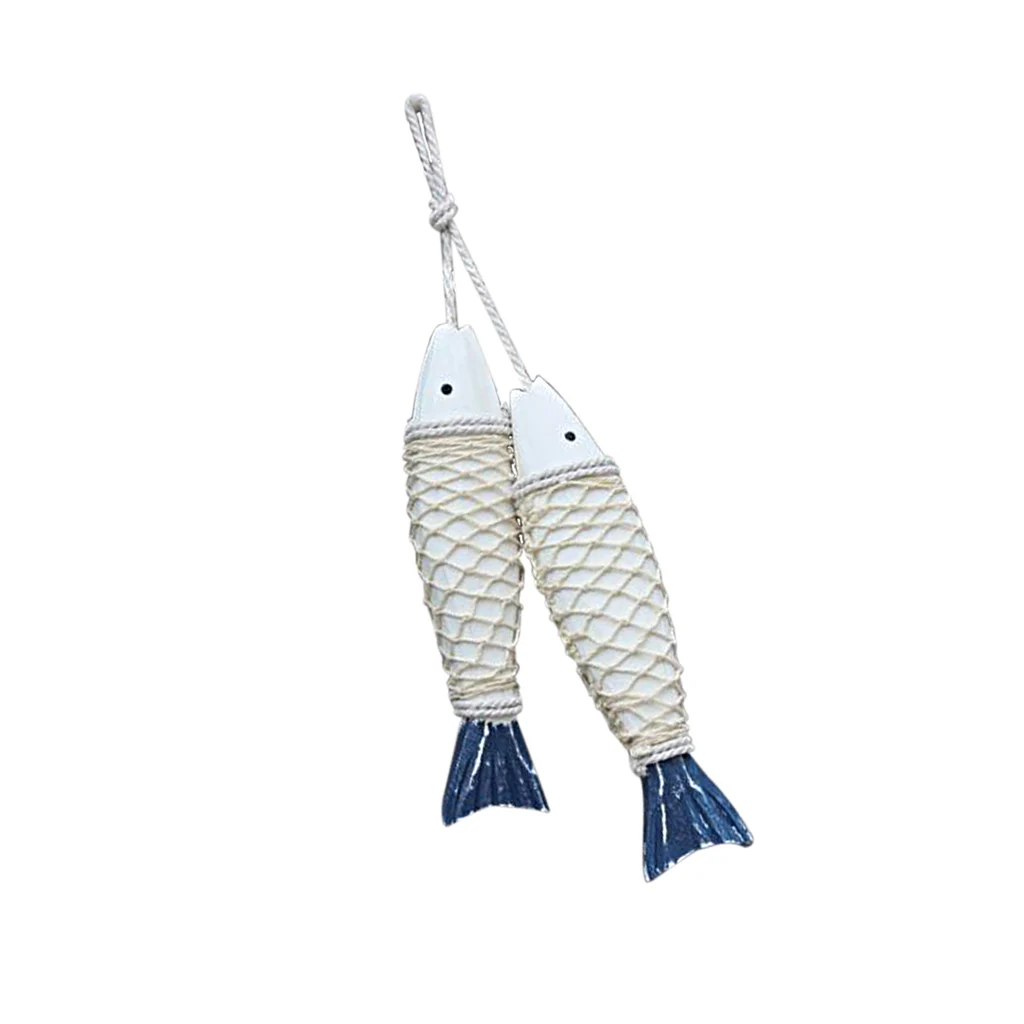 2pcs Mediterranean Hand Carved Wood Marine Fish Rope Craft Hanging Decor Bedroom Wall Artwork Decor 
