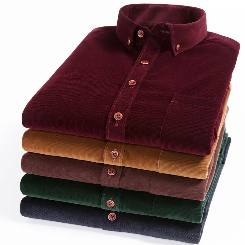 En Ligne Printemps Automne Hommes Chemise Haute Qualité En Velours Côtelé À Manches Longues Solide Soft Comfort Casual Marque Vêtements Homme Chemise Camisa Plus taille 4XL
