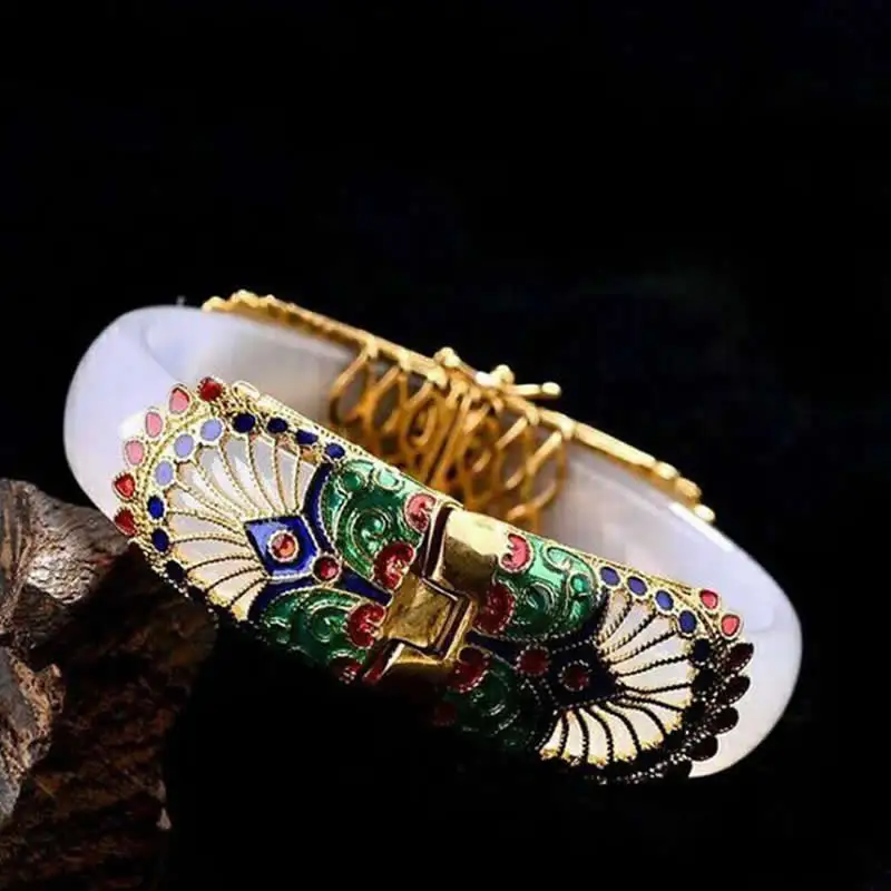 

Natural Chinese A Grade White Jadeite Cloisonne Phoenix Women Bangle 62mm