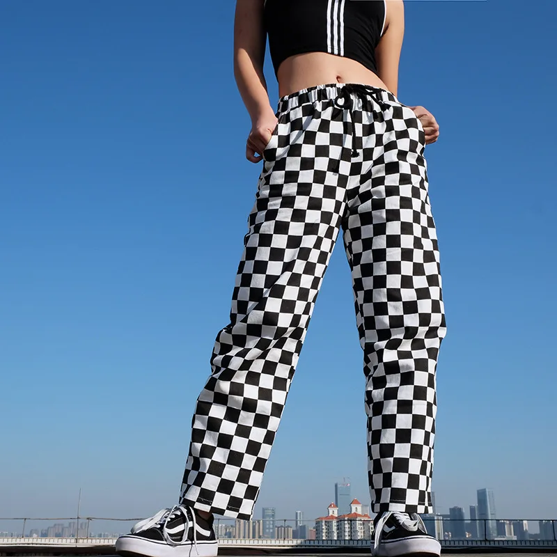 Black and White Plaid Pants Womens High Waist Checkered Straight Pants Casual Loose Fashion Trousers Pantalon Femme Sweatpants brauberg пенал косметичка checkered black