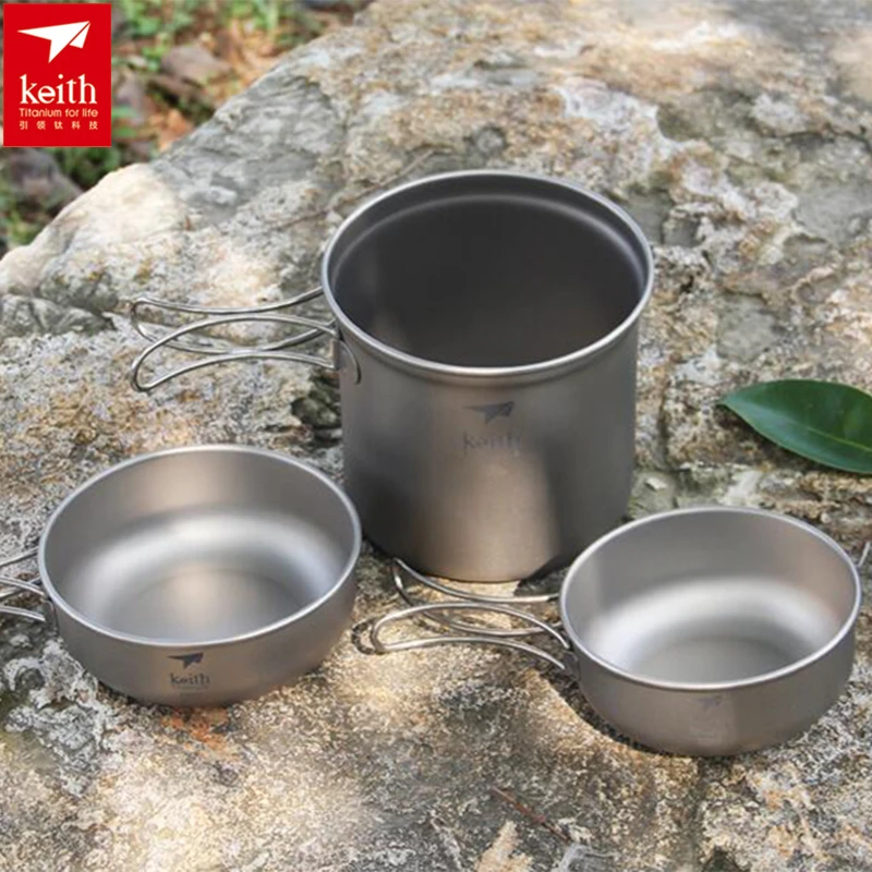 3 piezas Keith titanio cuencos olla con mango plegable juegos de cocina al aire libre acampar senderismo Picnic utensilios Ti6052