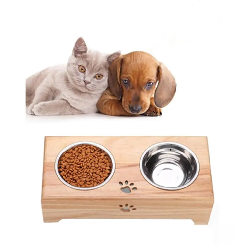 

Cat Dog Feeders Bowl Stainless Steel Feeding Water Bowls with Bamboo Frame for Dogs Cats Pet Feeding Bowl Supplies