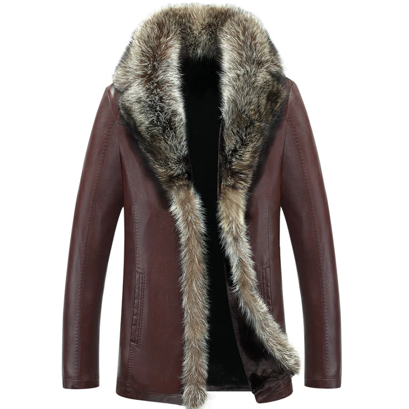 

Men 5XL Autumn Winter Thick Warm Oversized Overcoats Cashmere Woolen Liner Big Raccoon Dog Fur Collar PU Leather Jackets Coats