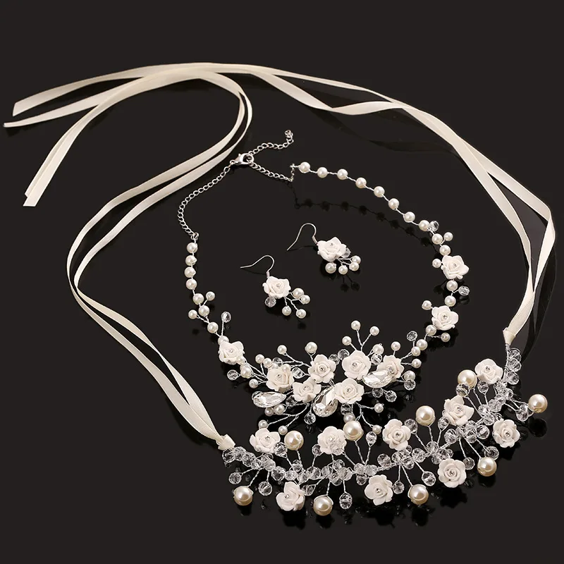 

3pc Clear Bead Bridal Jewelry Set Pearl Necklace Bridal Earrings Crystal Headband Handmade Jewelry Sets Wedding Hair Accessories
