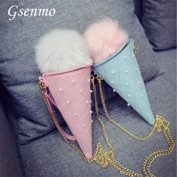 

2016 Women Shoulder Bags Zipper Baguette Handbag Children-handbags-for-girls Ice Cream Cone Hair Fur Ball Messenger Phone Cases