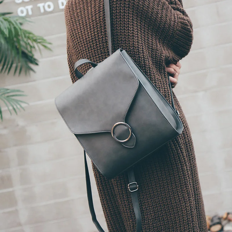 RU BR Korean New PU Leather Solid Color Shoulder Bag Female College Wind Leisure Simple Backpack