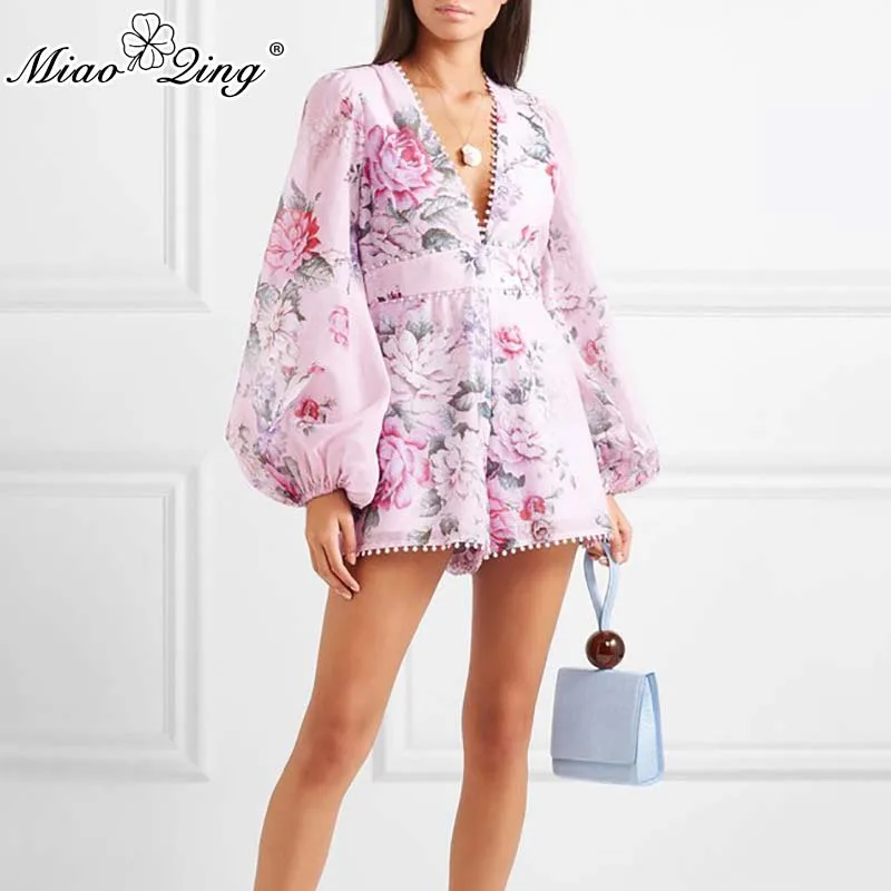 

MIAOQING Casual Print Women Jumpsuit V Neck Lantern Sleeve High Waist Playsuit Female Fashion 2019 Summer Early Autumn New