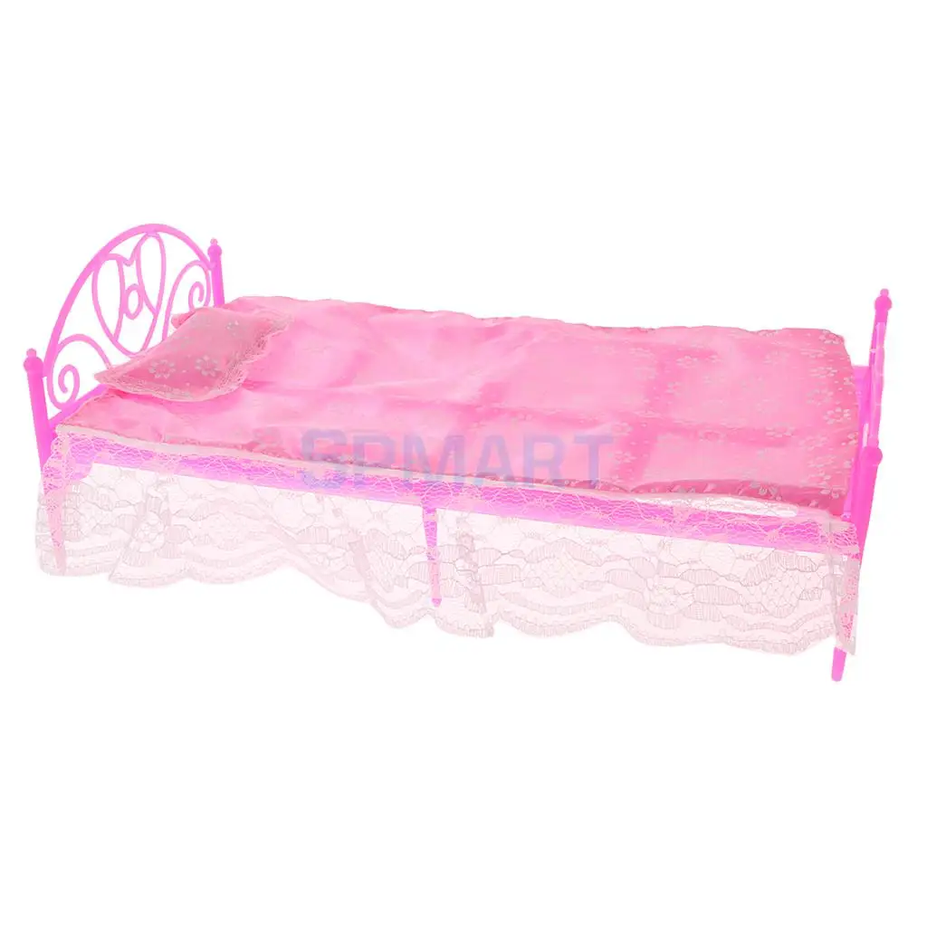 Mini Furniture Plastic Bed with Pillow Sheet Dolls Bed Bedroom
