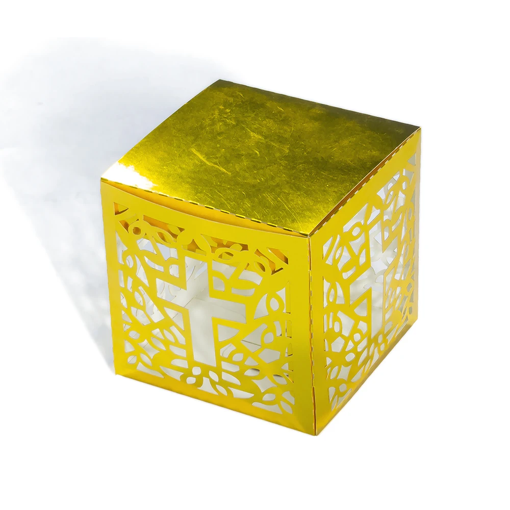 

KAZIPA 50PCS Baptism Favor Boxes, 3x3x3 Laser Cut Gold Favor Boxes for Baptism Baby Shower Favors First Communion First Birthday