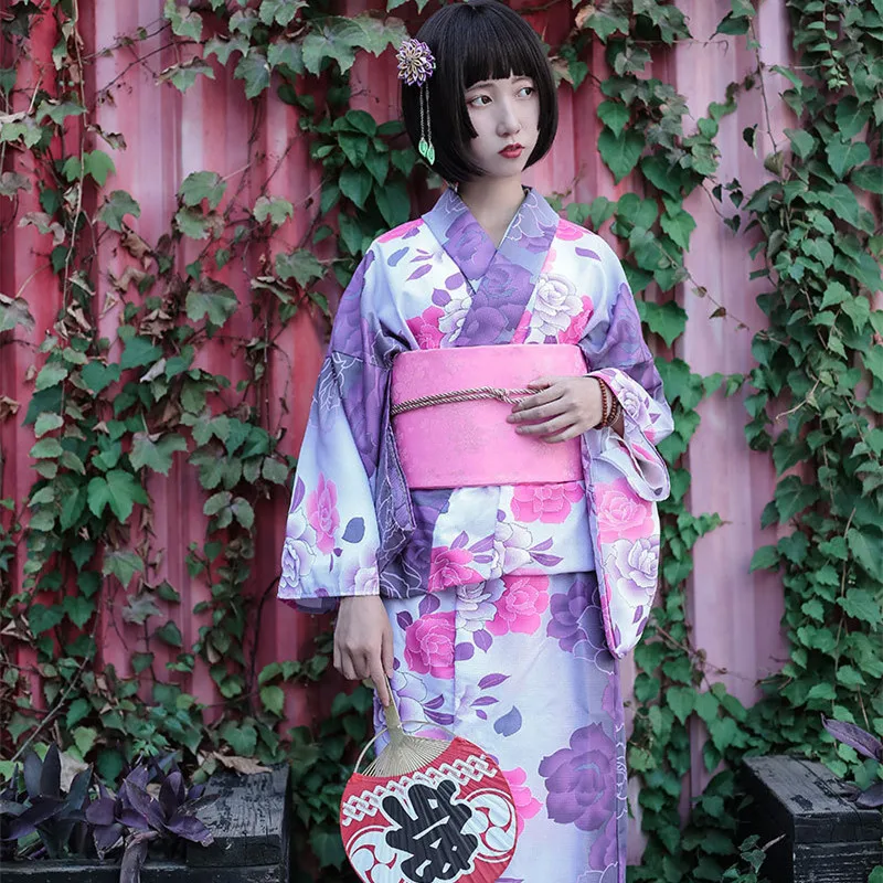 

2018 Japan Traditional Cotton Kimono with Obi Japan Flower Bathrobes Women Yukata Sleepwear Bath Robe A52201