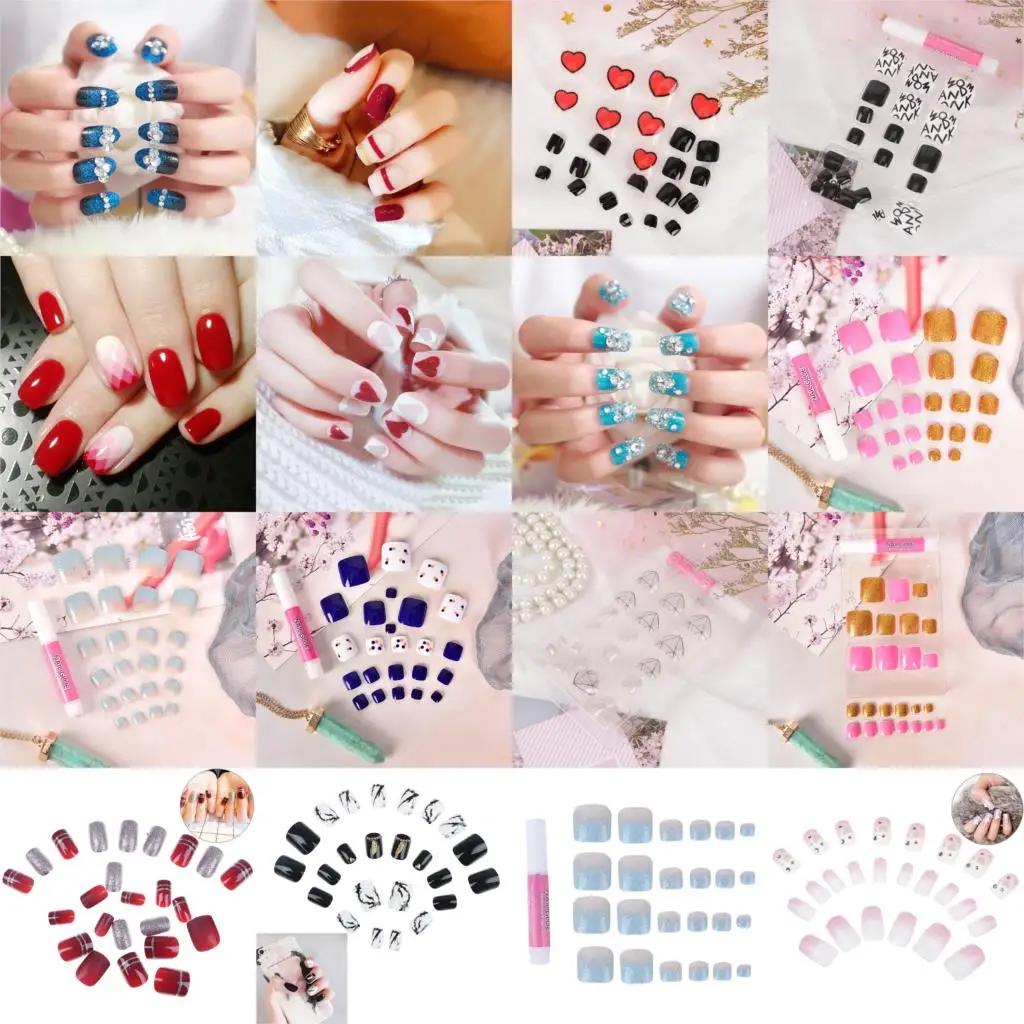 

24pcs/set Fake Nails Lattice Grid Design Artificial French Multiple Colors False Nails Tips Press on Nails with Glue Sticker