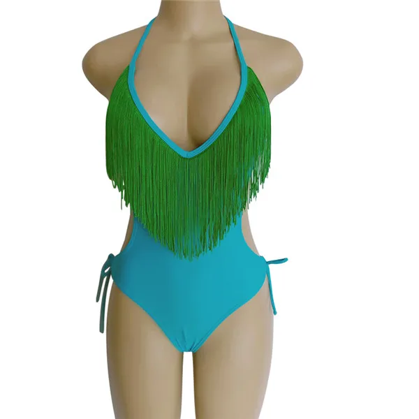 Купальник с v-образным вырезом и бахромой, сексуальный цельный купальник, женский купальник, женская одежда для плавания, трикини с кисточками, бандаж, монокини, пляжная одежда, боди - Цвет: Blue Green