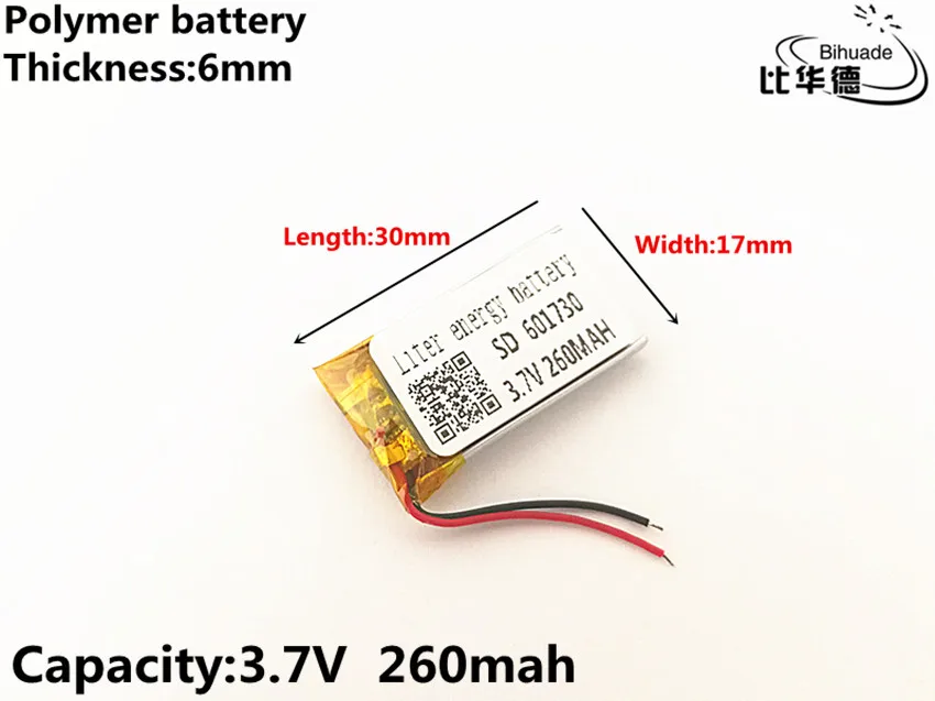 10 шт./лот 3,7 V, 260 mAH, 601730 полимерный литий-ионный/литий-ионный аккумулятор для игрушки, POWER BANK, gps, mp3, mp4