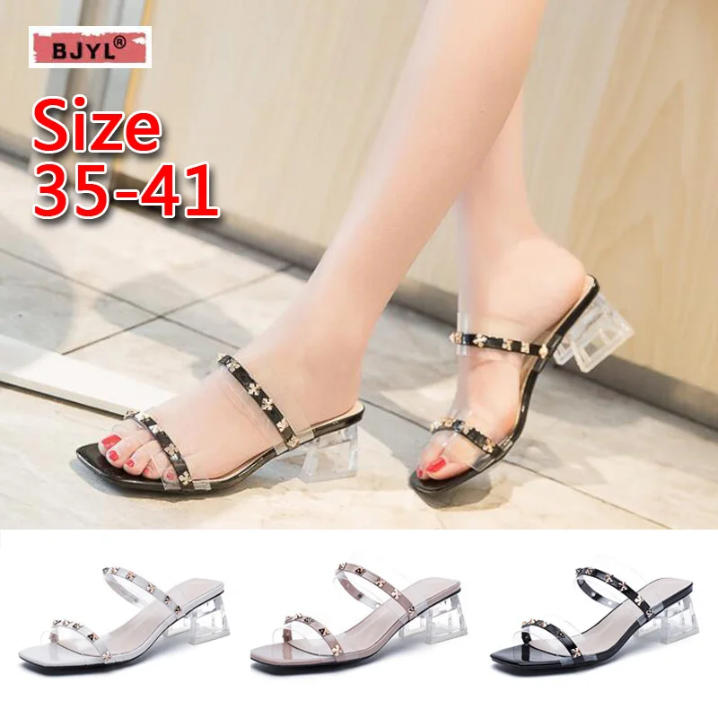 

BJYL slippers women shoes unicorn slippers Chunky transparent sandals for women in summer 2019 with open-toe rivet kitten heels