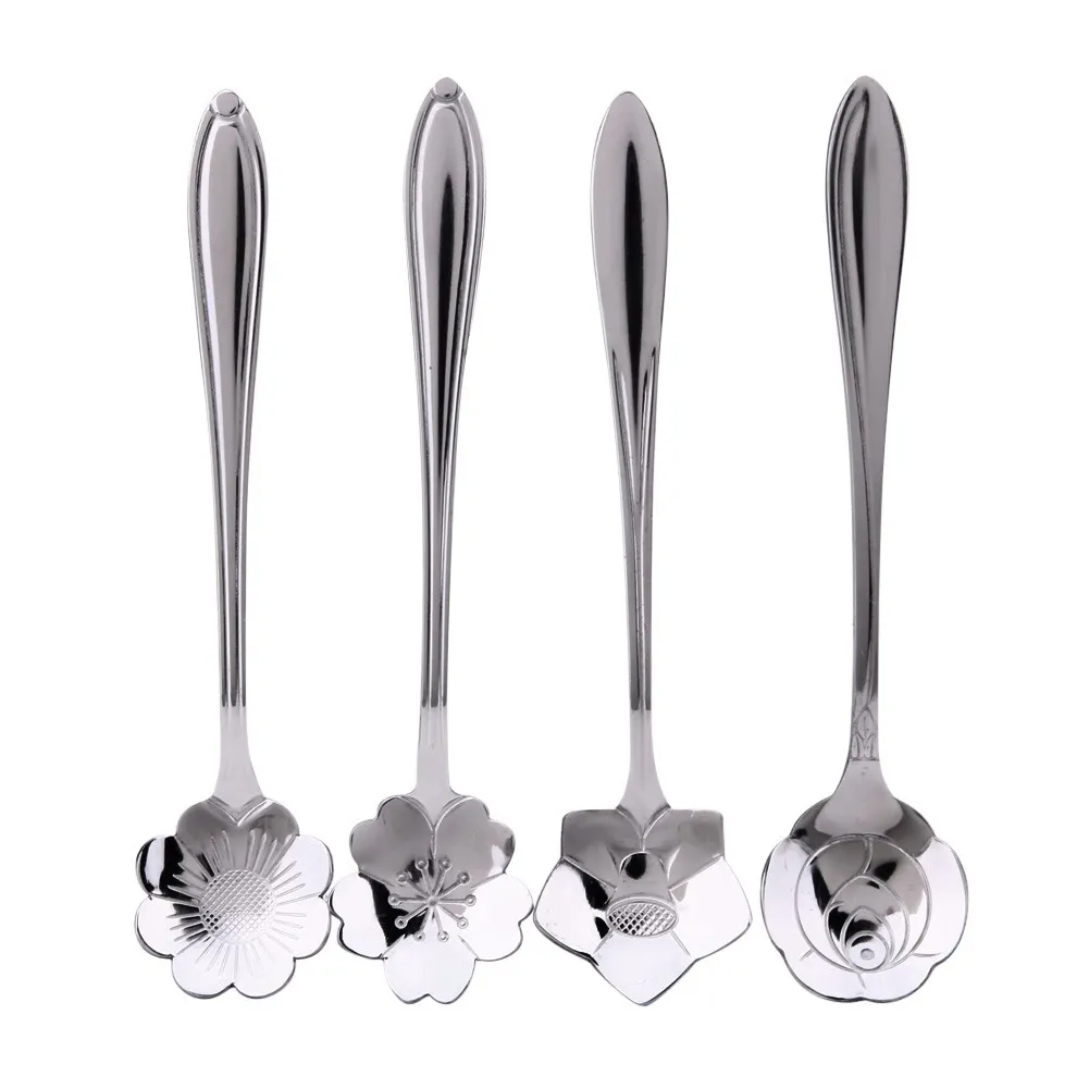 

4pcs/set Flower Caved Dessert Spoon Stainless Steel Flower Coffee Spoon Teaspoons Ice Cream Flatware Kitchen Tool