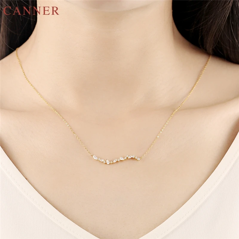 Gold Color CZ Crystal Wave Design Pendant Necklace for Women 925 Sterling Silver Zircon Necklace Jewelry Gifts collier femme C35