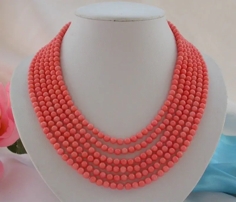 

shipping charming 6ROW 4mm round PINK coral beads necklace j797