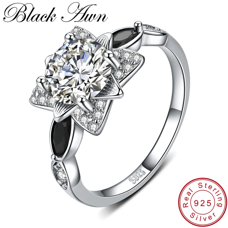 [BLACK AWN] 925 Sterling Silver Jewelry Wedding Rings for Women Female Star Bijoux Life Leaf Silver 925 Jewelry G086