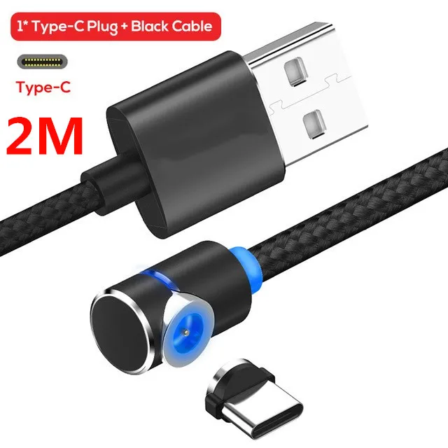 Магнитный круглый светодиодный кабель type C USB-C для samsung huawei P20 P10 P9 Xiaomi Mi4C 2 м, кабель для быстрой зарядки, зарядное устройство, вращение на 360 градусов - Тип штекера: 2M Black TypeC Cable