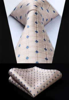 

TC716Z8S Plaid Beige Blue Check 3.4" Silk Tie Party Wedding Handkerchief Set Woven Classic Men Tie Necktie
