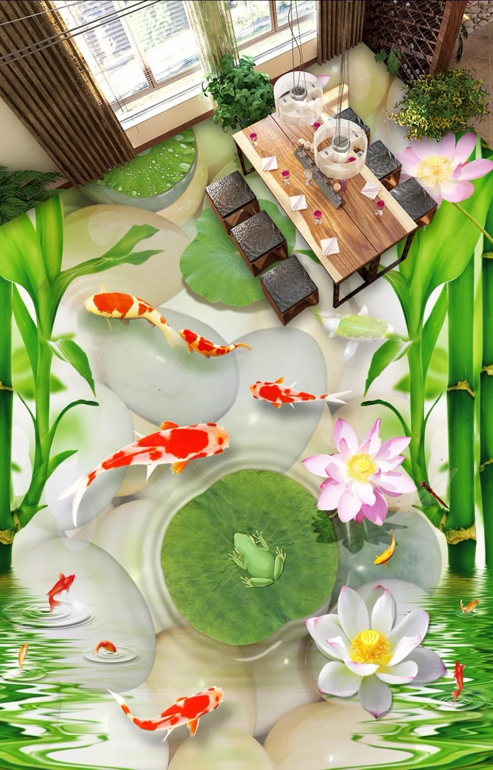 Free Shipping Goldfish cobblestones bamboo lotus leaf frog 3D floor wear non-slip restaurant lobby bedroom study flooring mural Free Shipping Goldfish cobblestones bamboo lotus leaf frog 3D floor wear non-slip restaurant lobby bedroom study flooring mural