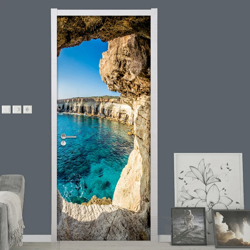 

Cave Seascape 3D Photo Wallpaper Murals PVC Waterproof Self-adhesive Door Sticker Creative DIY Door Poster Wall Mural Stickers