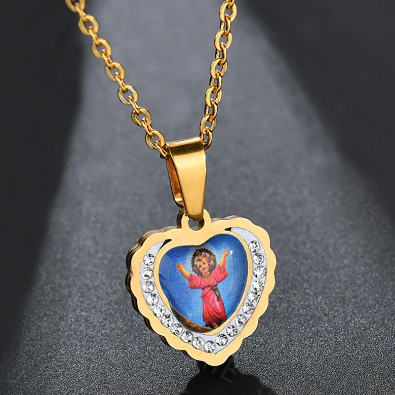 

Women Zircon Heart Pendant Stainless Steel Religious Painting Catholic Virgin Mary Medal Angel Necklaces for Women Girls Jewelry