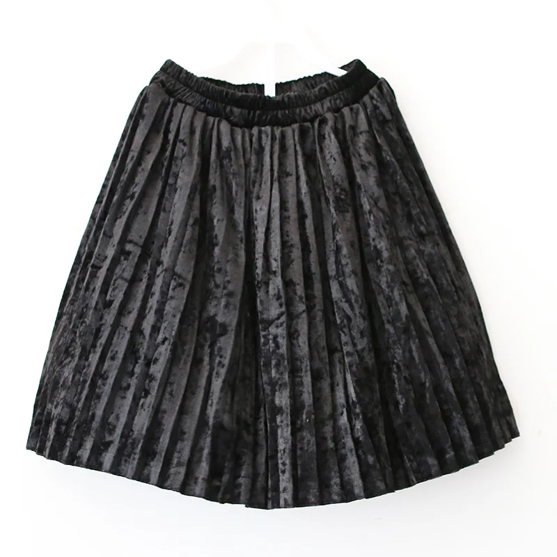 2022 NEW Winter style crushed velvet pleated skirt girls skirt for knee length A line skirt black pleated skirt Skirts