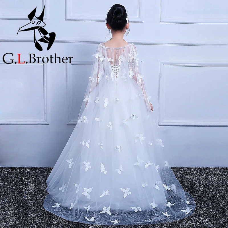 

White Ball Gown Princess Dress Birthday Tulle Long Trailing Flower Girl Dresses For Wedding Bandage Holy Communion Dress B98