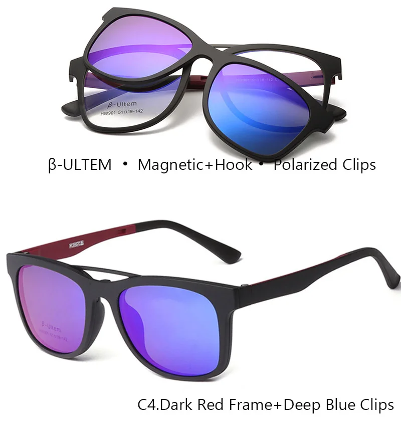 IVSTA ULTEM, магнитные солнцезащитные очки на застежке, очки для мужчин и женщин, поляризованные линзы, оптическая оправа, магнитные зажимы по рецепту, большие размеры - Цвет линз: Dark Red Deep Blue