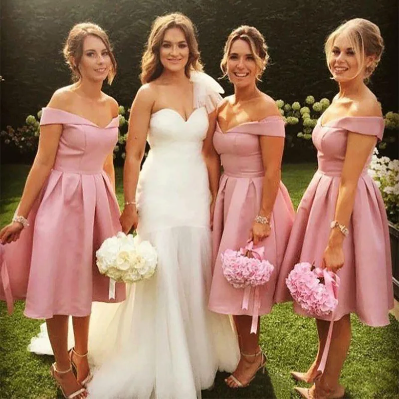 Vestidos de fiesta noche 2019 Розовый Короткое платье для подружки невесты с плеча пятен Складки Вечерние свадебные платья вечерние платье