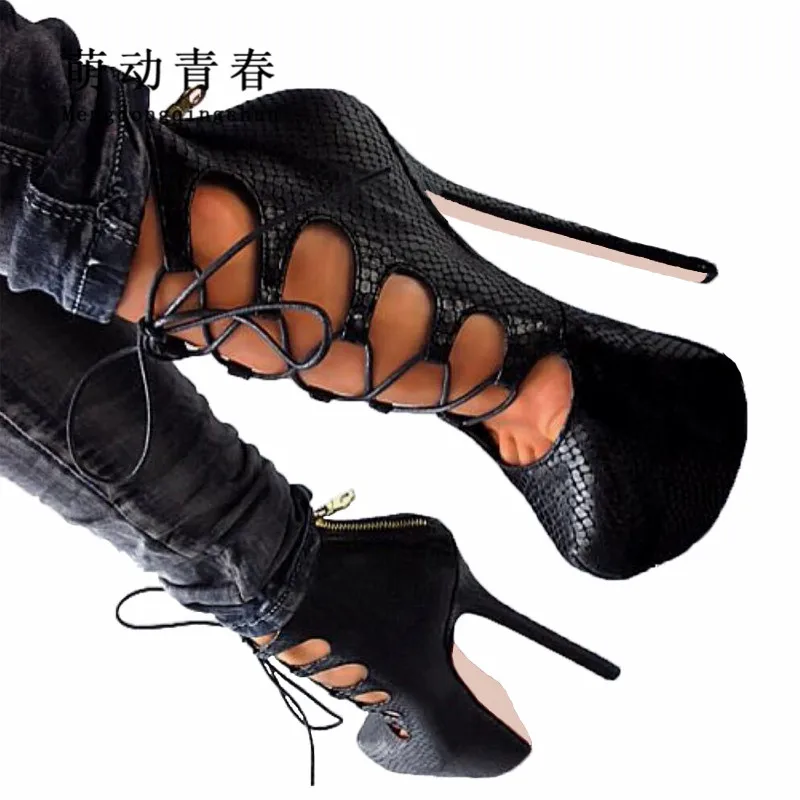 

2018 Women Summer Boots Sandals Lace Up Hollow Out High Heels Shoes Platform Sexy Cross Tied Nightclub Snake Print Sandals