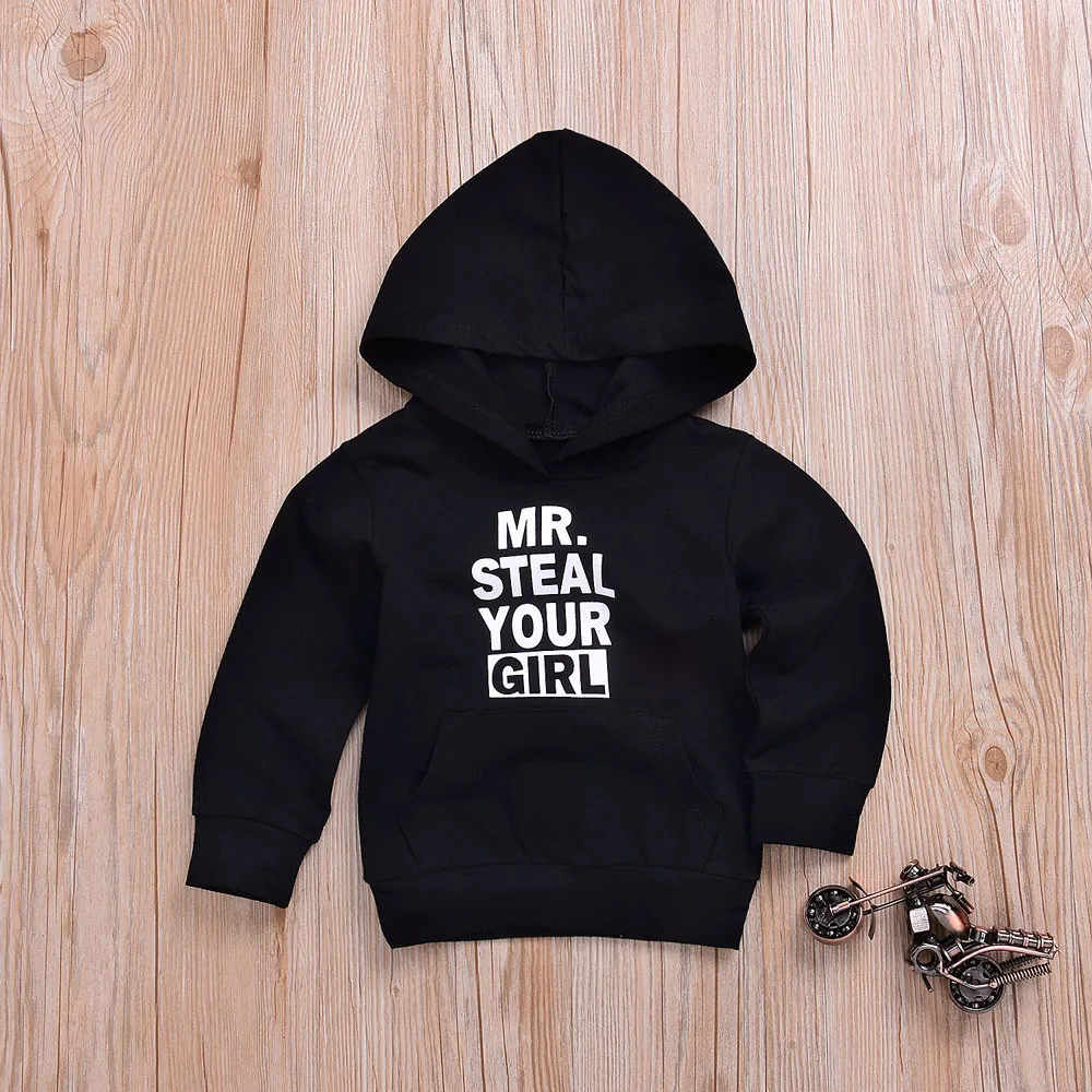 

Autumn Hooded Sweatshirts Toddler Infant Baby Boys Girls Casual Black Letter Print Hooded Tops Pullover Sweatshirt Outfits 2019